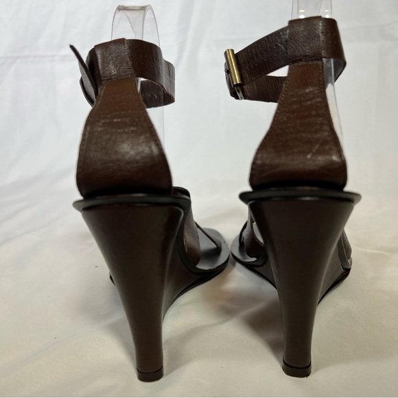 BCBGMaxAzria Brown Leather Strappy Ankle Strap 4” Wedge Sandals Size 8.5 39 - Picture 11 of 15